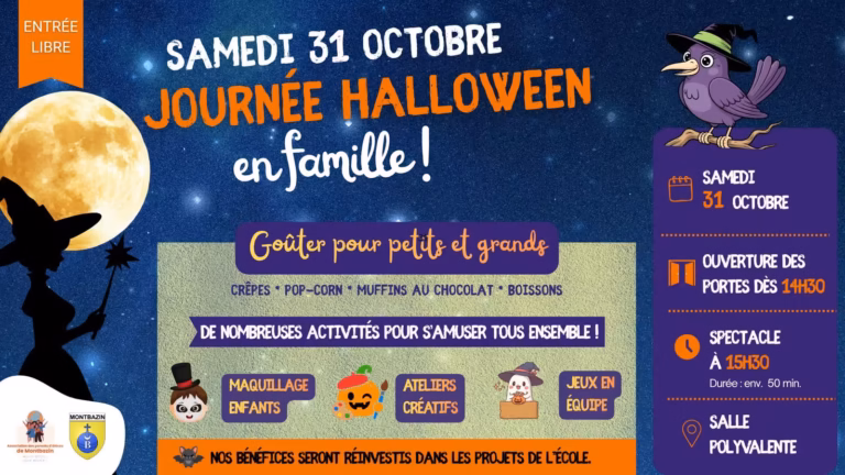 Affiche de la journée Halloween en famille à Montbazin, goûter, maquillage, ateliers et spectacle
