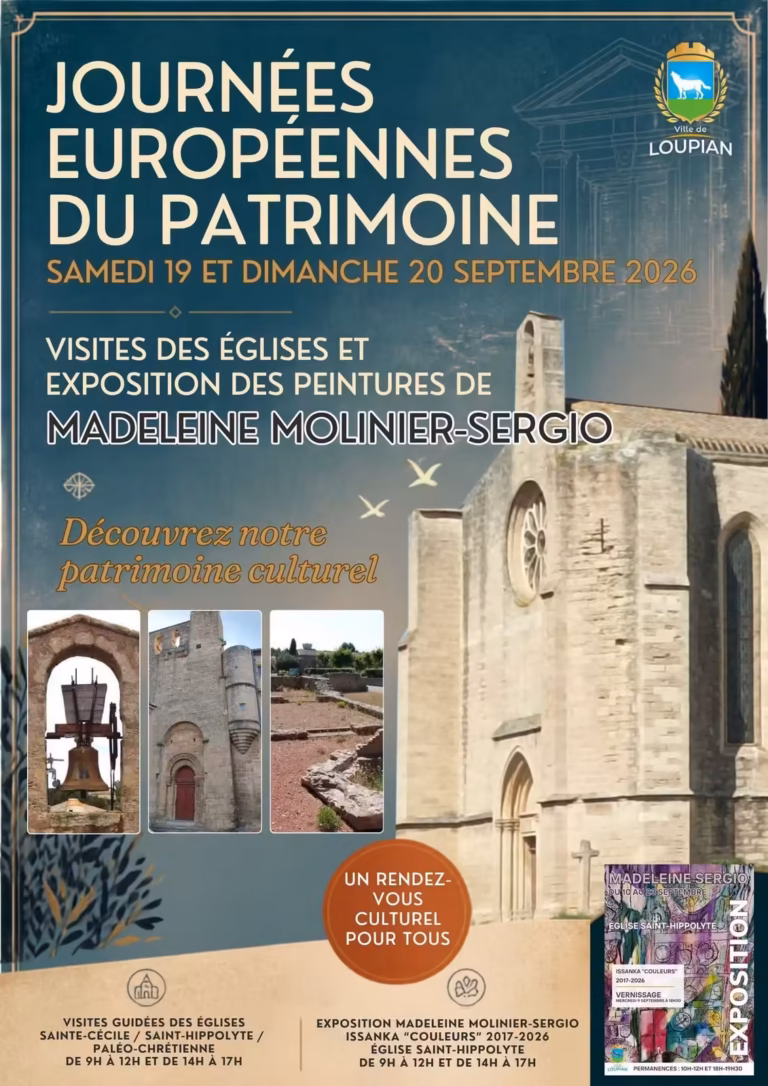 Affiche des Journées européennes du patrimoine 2026 à Loupian, visites des trois églises
