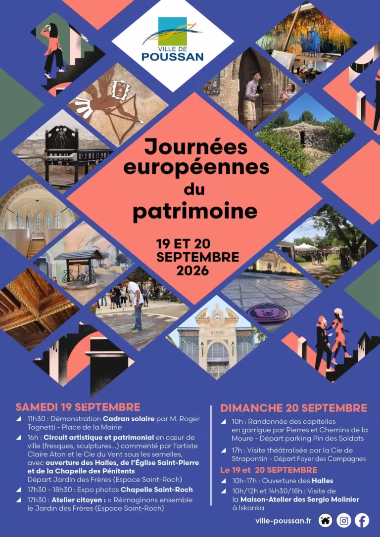 Affiche des Journées européennes du patrimoine 2026 à Poussan, programme des 19 et 20 septembre
