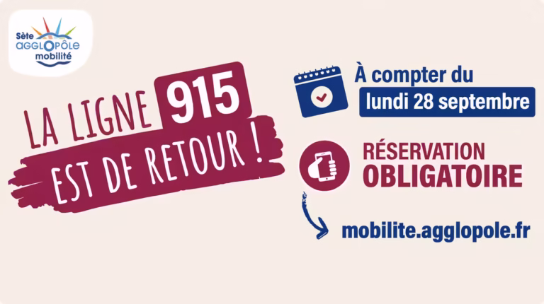 Affiche du retour de la ligne 915 entre Sète et Marseillan à compter du lundi 28 septembre, réservation obligatoire