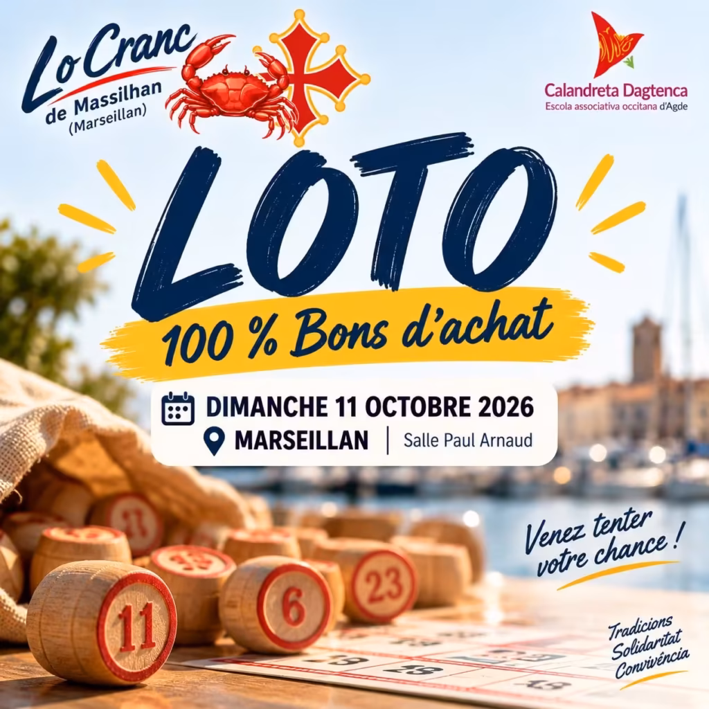 Affiche du loto 100 % bons d'achat de Lo Cranc de Massilhan à la salle Paul Arnaud de Marseillan, au profit de la Calandreta Dagtenca