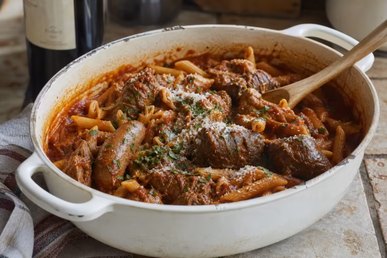 Macaronade à la sétoise, pâtes sauce tomate mijotée et brageoles de boeuf