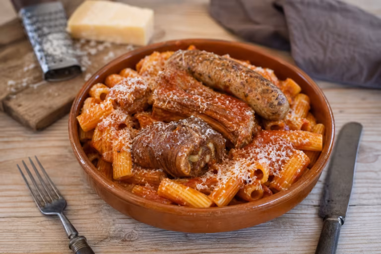 Macaronade sétoise aux rigatoni, brageole et viandes mijotées en sauce