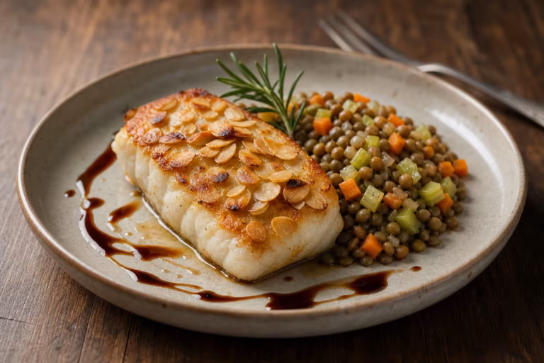 Pave de maigre en croute d amandes torrefiees avec lentilles vertes