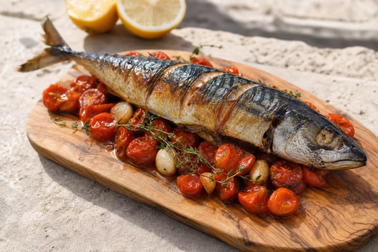 Maquereau entier rôti au gril sur un lit de tomates cocktail confites à l'ail