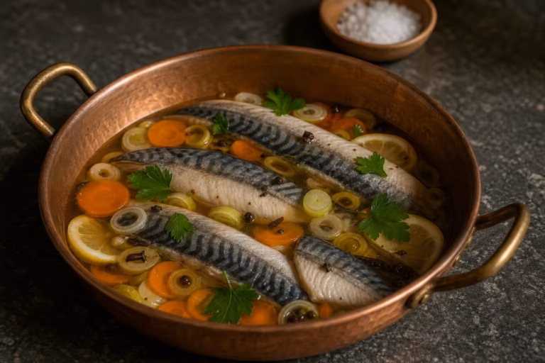 Filets de maquereaux marinés au vin blanc et vinaigre de cidre avec carottes et poireaux
