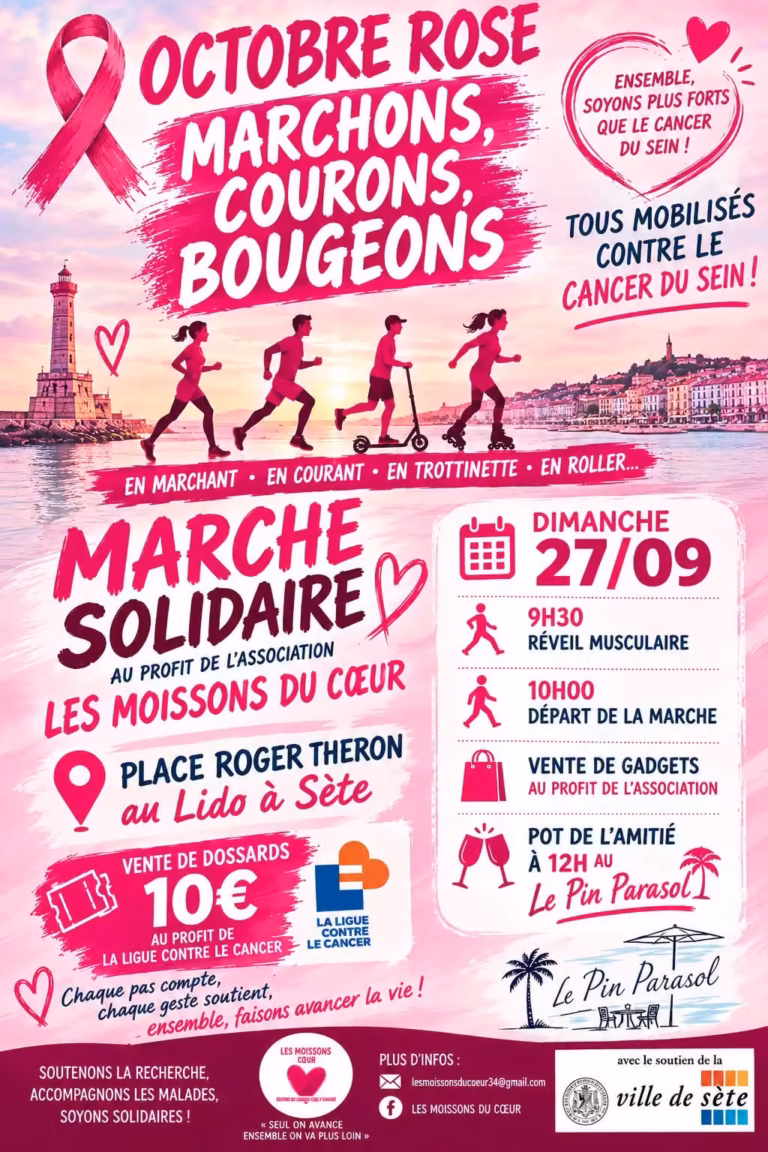 Affiche de la Marche des Amazones 2026 pour Octobre Rose à Sète, au profit de la Ligue contre le cancer
