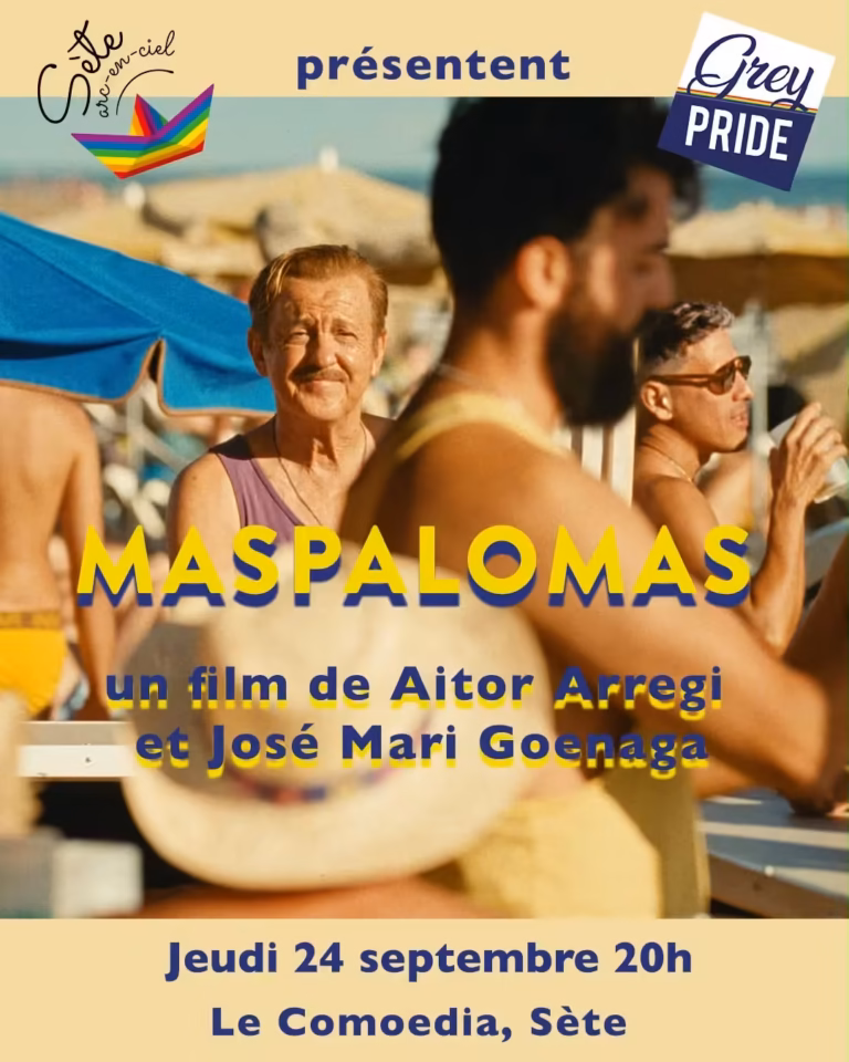 Affiche de la projection de Maspalomas présentée par Sète Arc-en-Ciel et Grey Pride au cinéma Comoedia de Sète