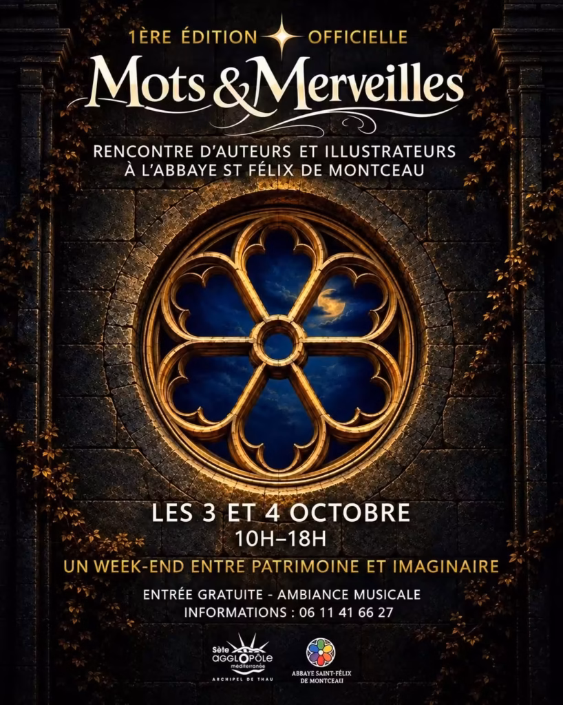 Affiche de Mots et Merveilles, rencontre d'auteurs et d'illustrateurs à l'abbaye Saint-Félix de Montceau, les 3 et 4 octobre 2026