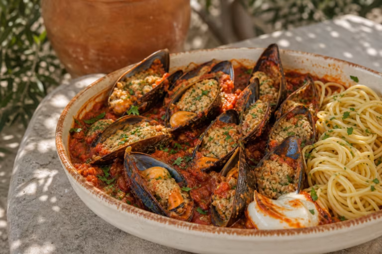 Moules farcies à la sétoise en sauce tomate dans un grand plat de service