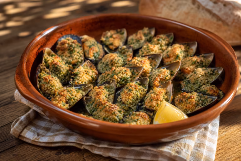 Moules gratinées au beurre persillé et chapelure dorée sortant du four