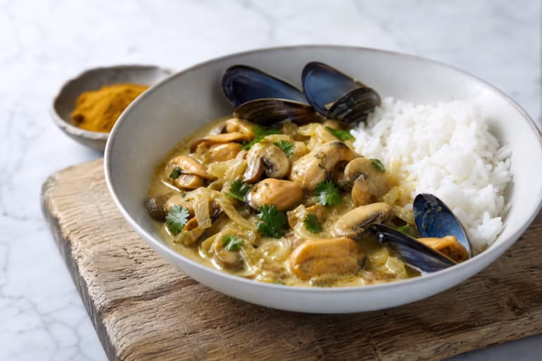 Moules au lait de coco et curry avec champignons et riz blanc