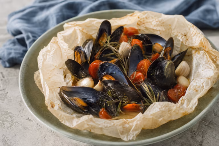 Moules en papillote au four avec tomates cerises romarin et ail