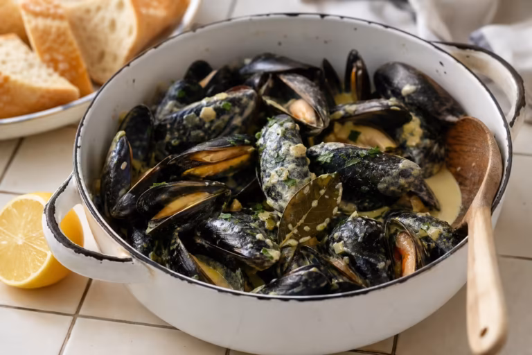 Moules poulette, sauce crémeuse au safran et jaune d'oeuf en cocotte