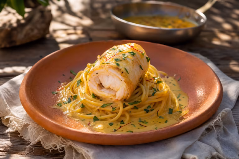 Filet de daurade roulé sur un nid de spaghettis avec crème au safran