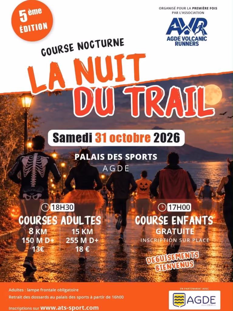 Affiche de la Nuit du Trail 2026 à Agde, course nocturne d'Halloween au palais des sports
