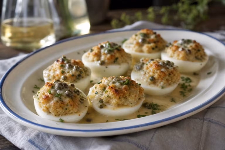 Oeufs farcis de Mado gratinés, farce au pain, ail et persil, sauce aux câpres