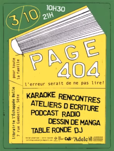 Affiche de Page 404, journée familiale autour du livre à la librairie L'Échappée Belle de Sète, samedi 3 octobre 2026