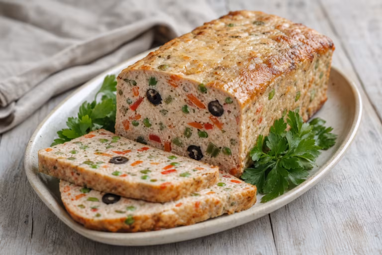 Pain de poisson aux legumes tranche avec petits pois carottes et olives