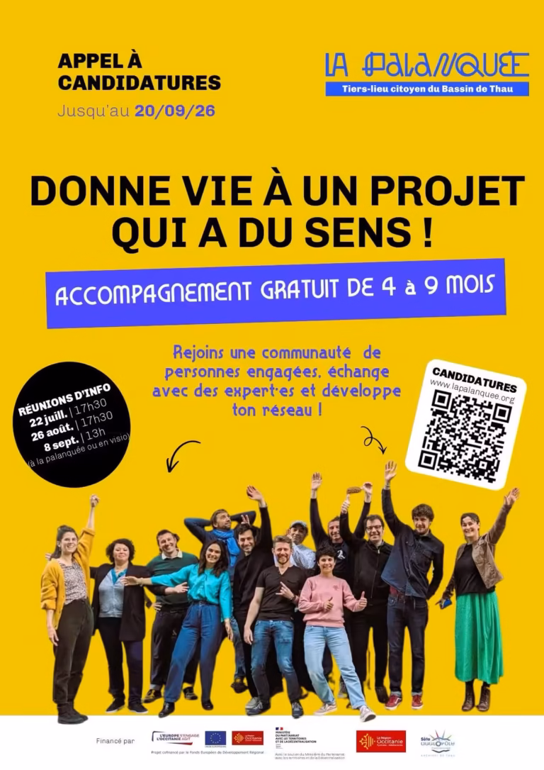 Affiche de l'appel à candidatures 2026 pour la 7e promotion de l'incubateur de La Palanquée à Sète