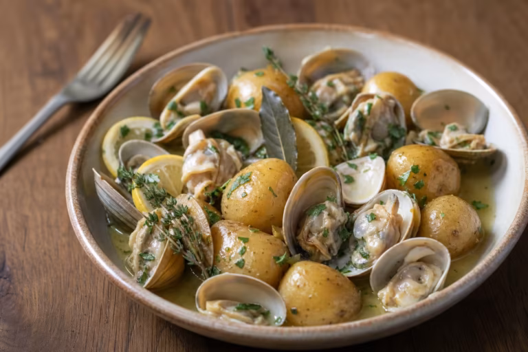 Palourdes ouvertes et pommes de terre grenaille au vin blanc et persil