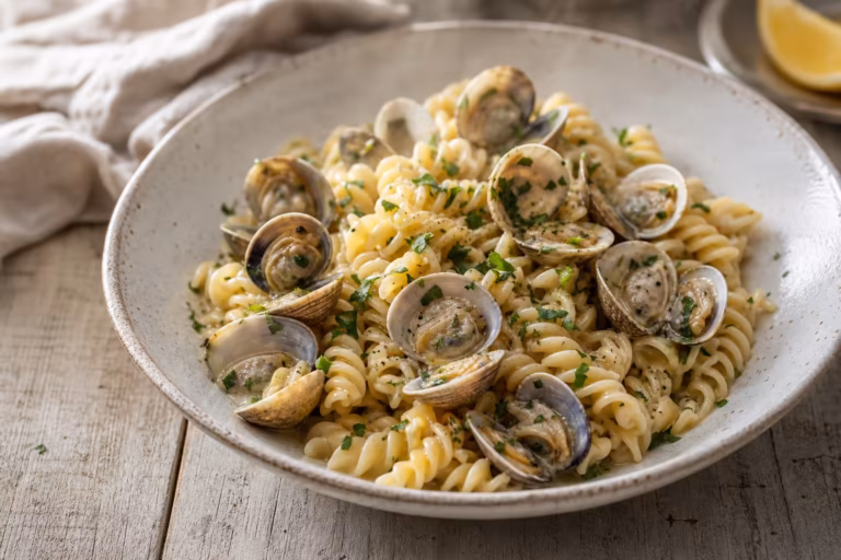Assiette de pâtes fusilli aux coques, sauce crème et vin blanc, persil