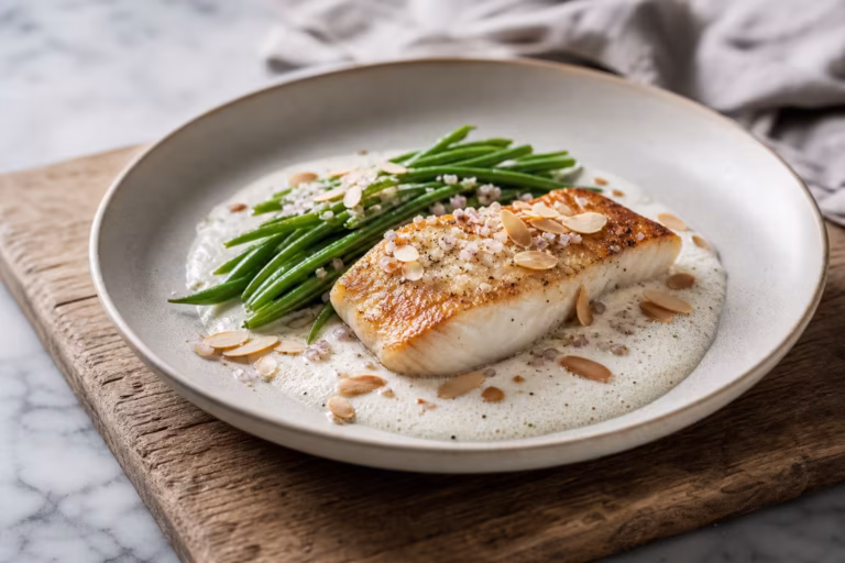 Pave de maigre saisi lait d amande mousse et haricots verts fins