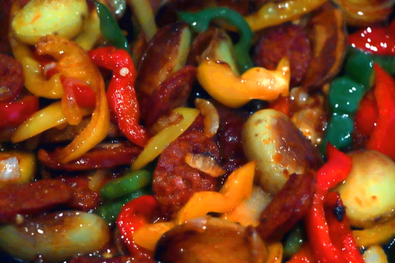 Garniture de chorizo, poivrons et pommes de terre grenaille en fin de cuisson