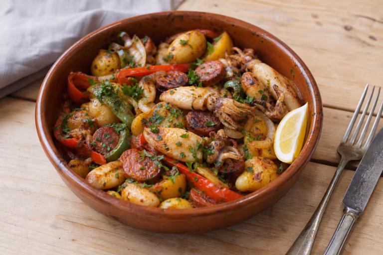 Petites seiches de Sète au chorizo, poivrons et pommes de terre grenaille