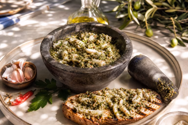 Pistade de piste sétoise pilée au mortier, ail, anchois et huile d'olive