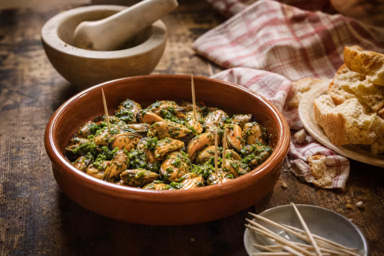 Piste de moules à la sétoise, moules décortiquées en pistade à l'apéritif