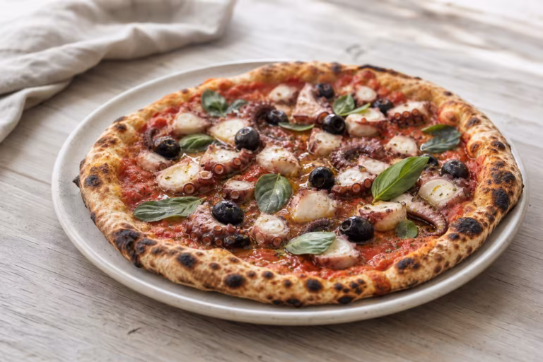 Pizza au poulpe garnie d'olives noires et de basilic frais
