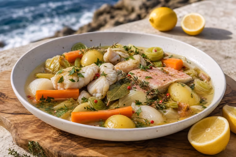 Pot-au-feu de poissons lotte et grondin avec legumes racines en bouillon