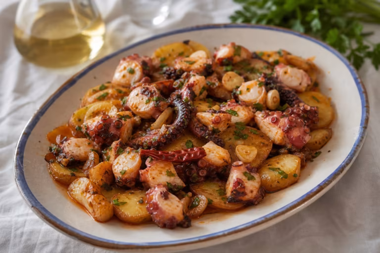 Poulpe à l'ail et au paprika sur lit de pommes de terre frites, persil frais