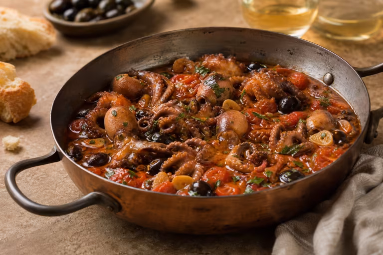 Poulpe de roche mijoté à la tomate cerise et aux olives noires en poêle