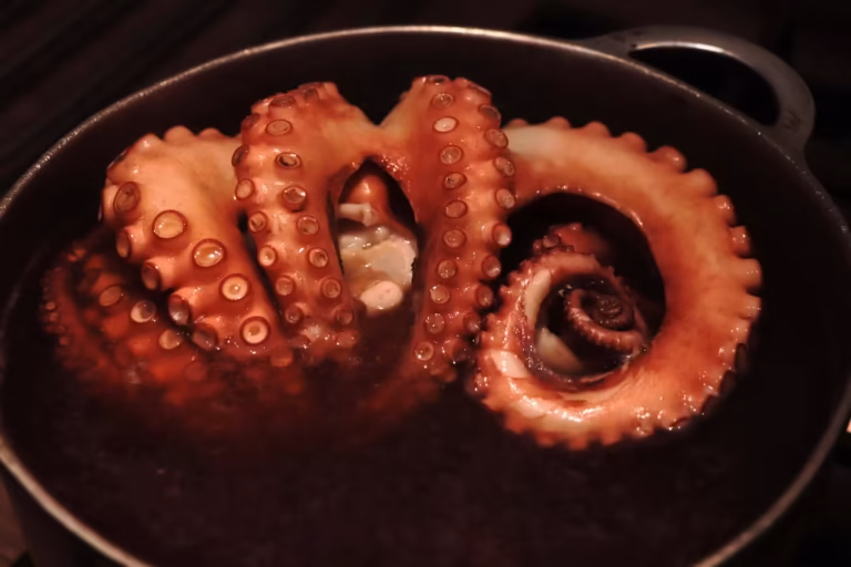 Poulpe entier en cuisson dans une cocotte de court-bouillon