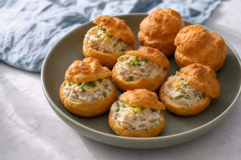 Profiteroles salees garnies de rillettes de thon a l estragon et a la ciboulette