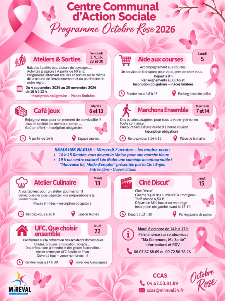 Programme Octobre Rose 2026 du CCAS de Mireval, balades, ateliers, café jeux et ciné