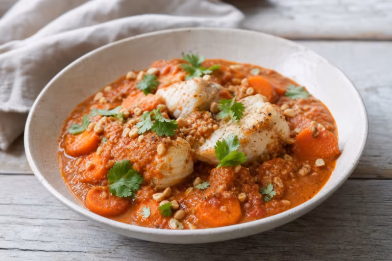 Ragoût de maigre façon mafé sauce cacahuète carottes et patate douce