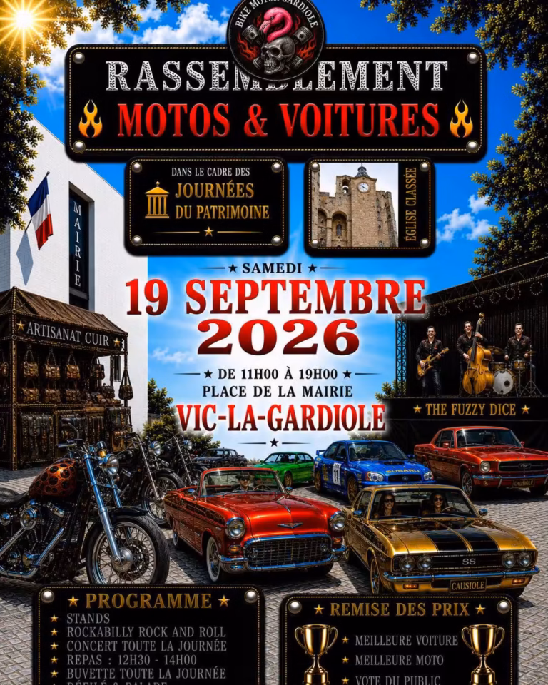 Affiche du Rassemblement Motos & Voitures 2026 à Vic-la-Gardiole, samedi 19 septembre, place de la Mairie