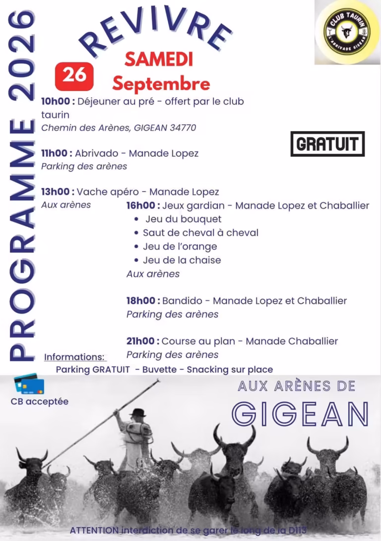 Affiche Revivre 2026, journée taurine du Club Taurin L'Abrivade aux arènes de Gigean