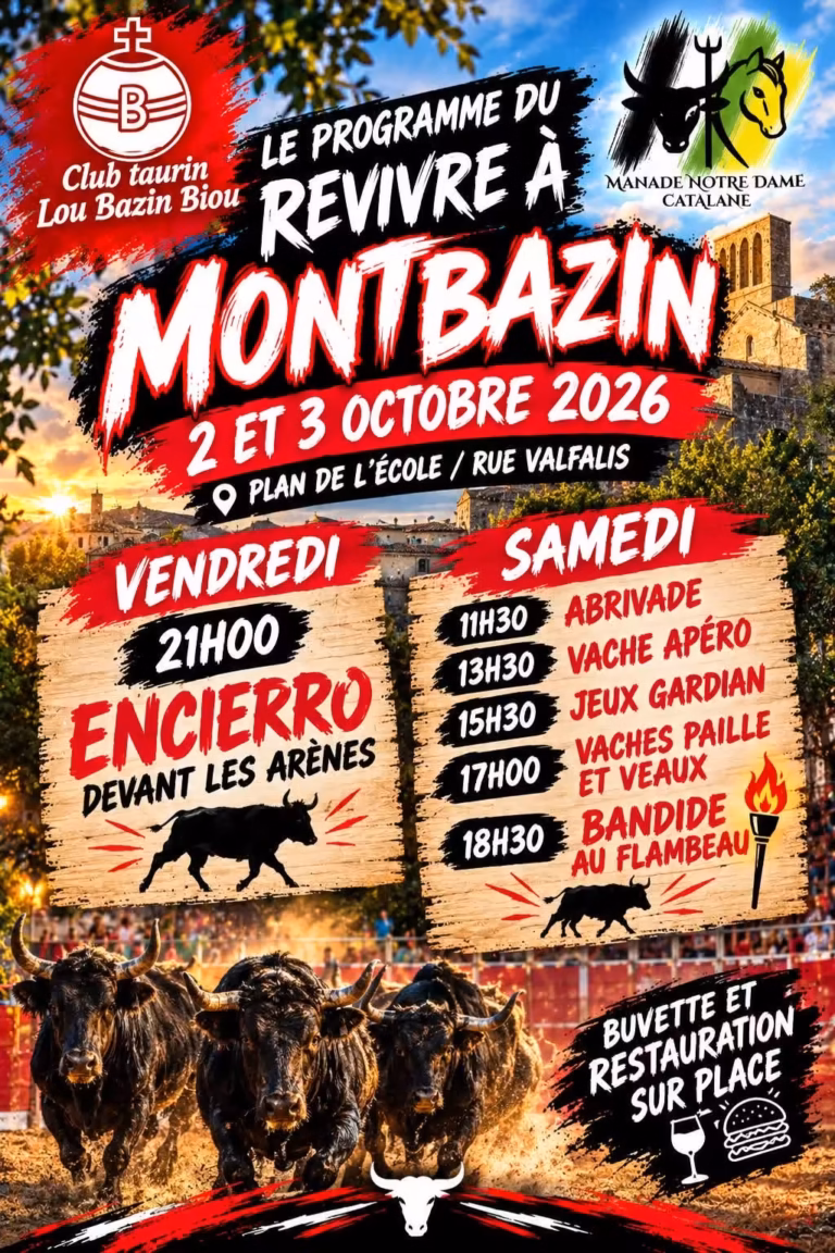 Affiche du Revivre à Montbazin 2026, 2 et 3 octobre, avec le Club Taurin Lou Bazin Biou et la Manade Notre Dame Catalane