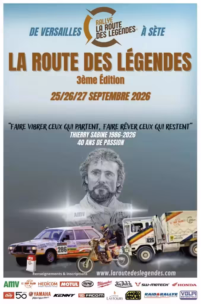 Affiche de la 3e édition du rallye La Route des Légendes, de Versailles à Sète, du 25 au 27 septembre 2026