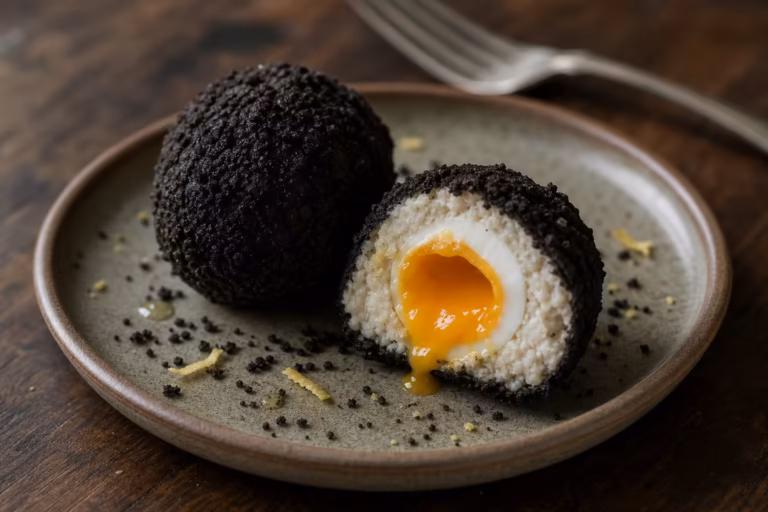 Saint-Pierre facon scotch egg pane a l'encre de seiche coupe en deux