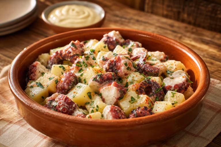 Salade de poulpe de roche aux pommes de terre et aïoli dans un plat rustique