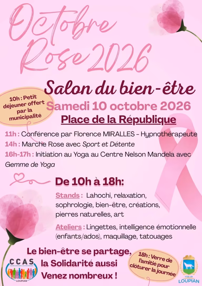 Affiche du salon du bien-être d'Octobre Rose 2026 à Loupian, place de la République