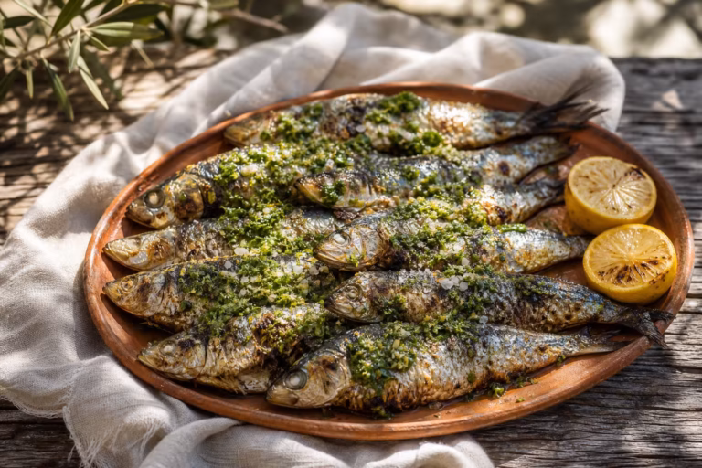 Sardines grillées nappées de chermoula à la coriandre sur plat en terre cuite