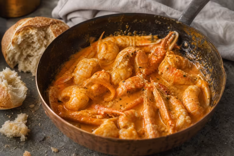 Sauce à l'américaine liée à l'aïoli nappant des crustacés en poêle cuivre