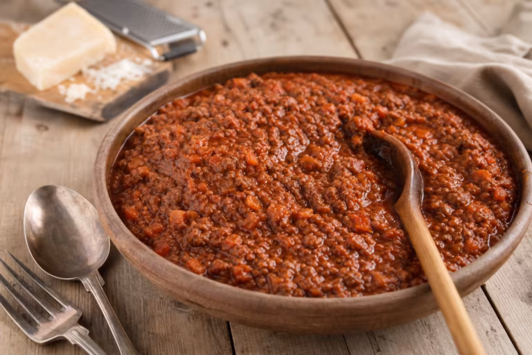 Sauce ragù bolognaise mijotée dans un bol en terre cuite sur table en pin