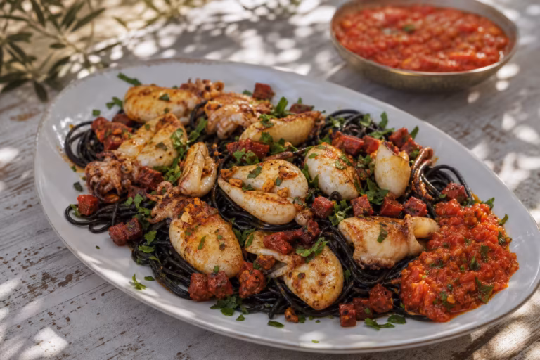 Seiches de l'étang de Thau au chorizo et pâtes à l'encre en plat de partage